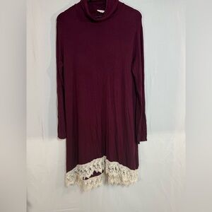 Burgundy Cowl‎ Neck Long Sleeve Rayon Dress Medium White Lace Trim